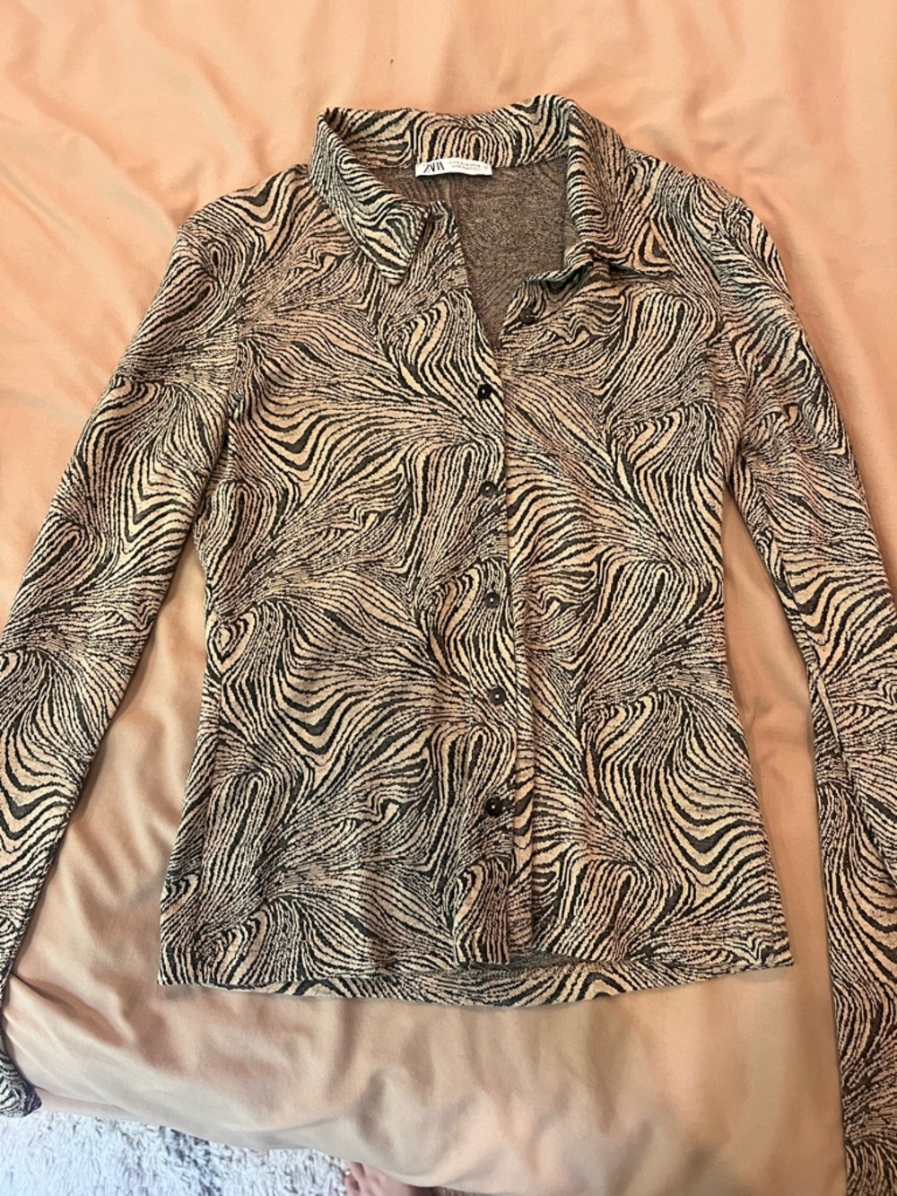 Zara co ord Brown & Black Zebra-Print flare pant and button up collared top - Picture 2 of 5